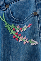 Floral Embroidered Organic Cotton Blend Denim Pants